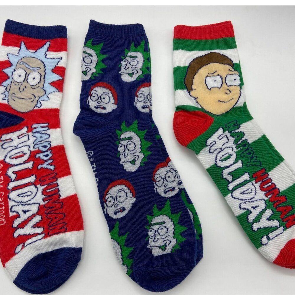 Rick and Morty Adult Swim 3-Pack Holiday Crew Socks Mens Shoe Size 6-12 New
